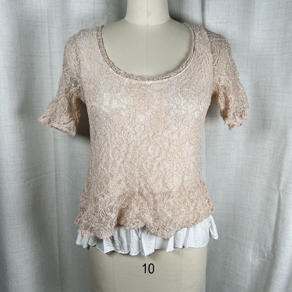 Deletta Anthropologie Ruffled Peplum Lace Top Medium Blush Pink Cottagecore Boho